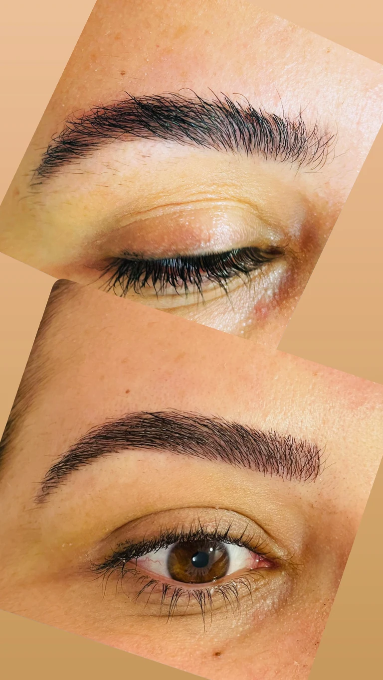 Resultado natural após sessão de hairstrokes em close-up de cliente atendida por Gi Gonzatto